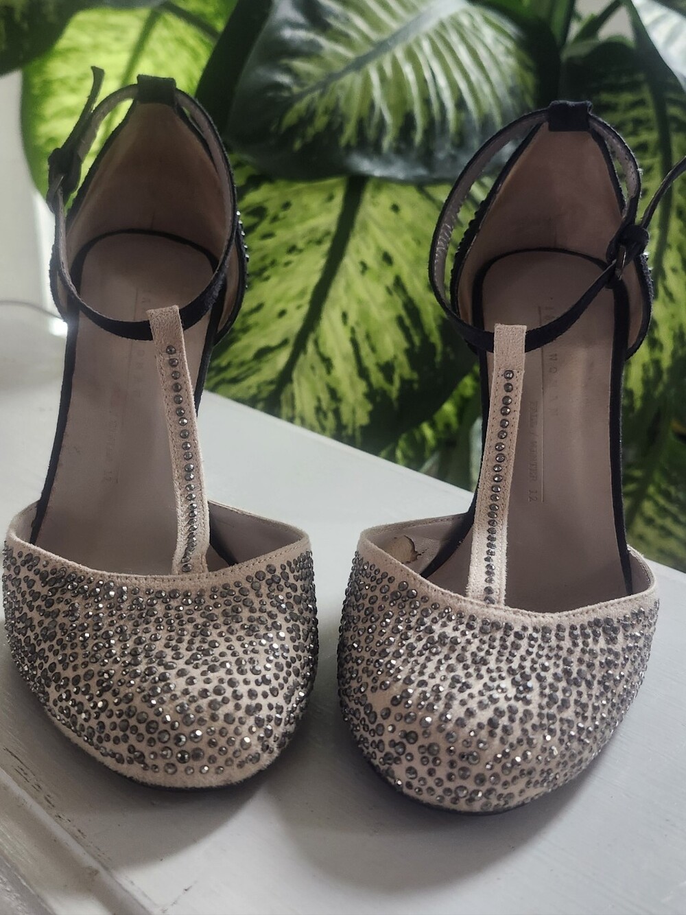 Zara Nude Crystal T-Strap Heels with Black Ankle Strap